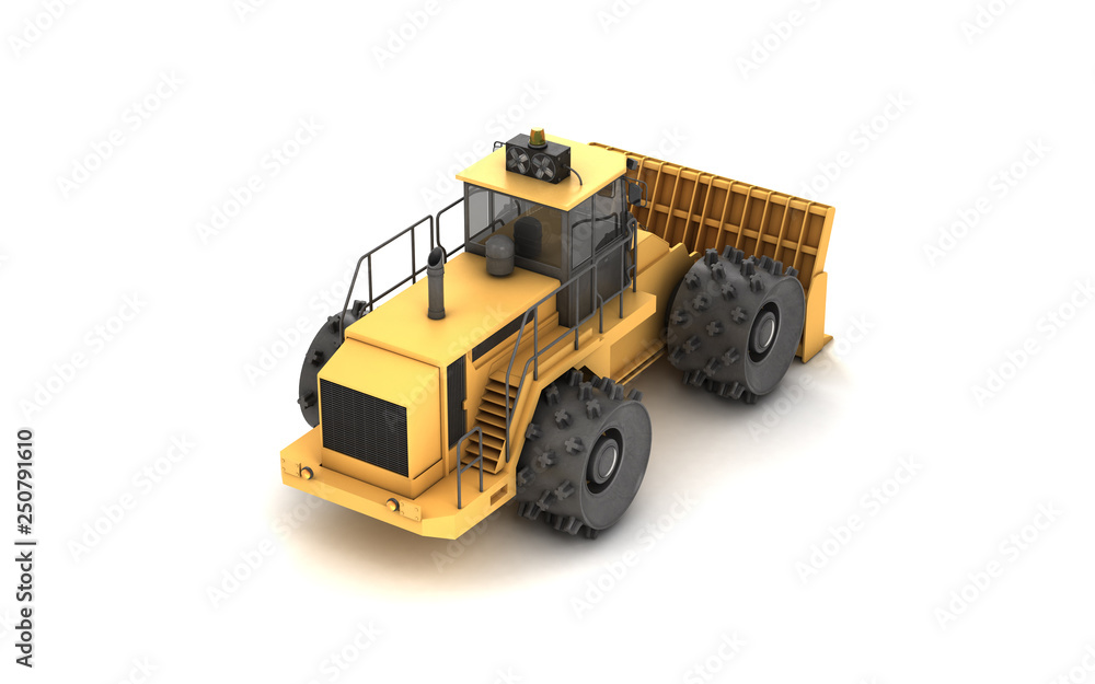 Isometric rear side view on massive yellow hydraulic earth mover with thorns on wheels isolated on white. 3D illustration. Perspective. High angle. Left to right direction.