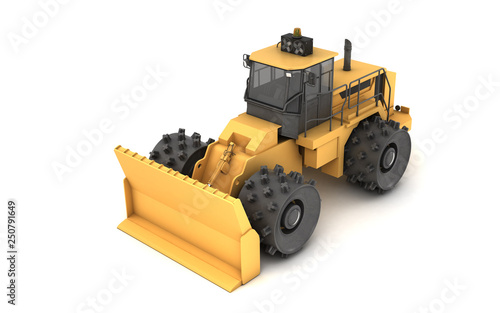 Front side view on isometric projection of massive yellow hydraulic earth mover with thorns on wheels isolated on white. 3D illustration. Perspective. High angle. Right to left direction.