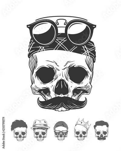 Vector illustration of skull with mustache in bandanna and sunglasses with skulls different characters