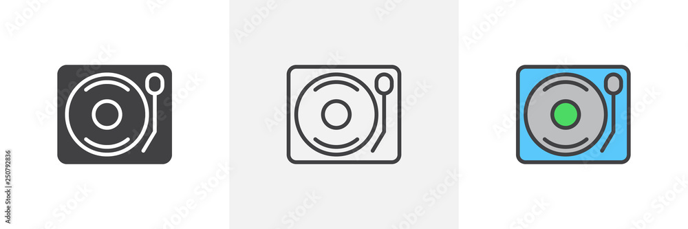DJ Turntable icon. Line, glyph and filled outline colorful version, vinyl disc player outline and filled vector sign. Symbol logo illustration. Different style icons set. Pixel perfect vector graphics DJ Turntable icon. Line, glyph and filled outline colorful version, vinyl disc player outline and filled vector sign. Symbol logo illustration. Different style icons set. Pixel perfect vector graphics