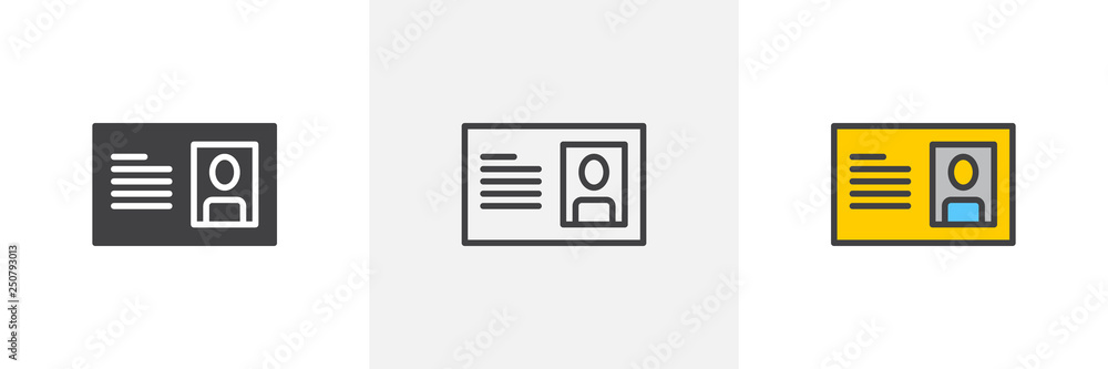 Id card icon. Line, glyph and filled outline colorful version, Identification card outline and filled vector sign. Personal badge symbol, logo illustration. Different style icons set. Pixel perfect Id card icon. Line, glyph and filled outline colorful version, Identification card outline and filled vector sign. Personal badge symbol, logo illustration. Different style icons set. Pixel perfect