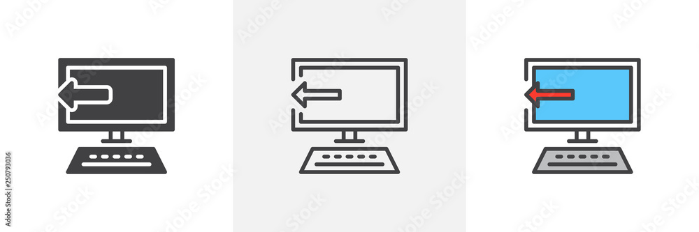 Software uninstall icon. Line, glyph and filled outline colorful version, desktop computer monitor with arrow outline and filled vector sign. Symbol, logo illustration. Different style icons set. Software uninstall icon. Line, glyph and filled outline colorful version, desktop computer monitor with arrow outline and filled vector sign. Symbol, logo illustration. Different style icons set.