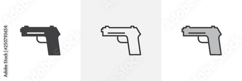 Gun, pistol icon. Line, glyph and filled outline colorful version, handgun outline and filled vector sign. Firearm symbol, logo illustration. Different style icons set. Pixel perfect vector graphics