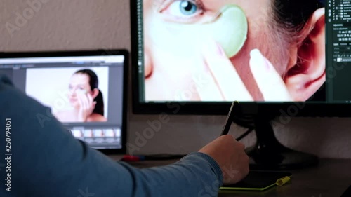 Time-lapse of male photographer retouching photo of a young girl 