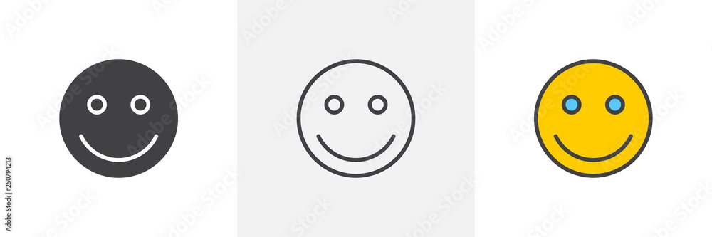 Smiling face emoticon icon. Line, glyph and filled outline colorful version, Happy Emoji smiley outline and filled vector sign. Symbol, logo illustration. Different style icons set. Pixel perfect Smiling face emoticon icon. Line, glyph and filled outline colorful version, Happy Emoji smiley outline and filled vector sign. Symbol, logo illustration. Different style icons set. Pixel perfect