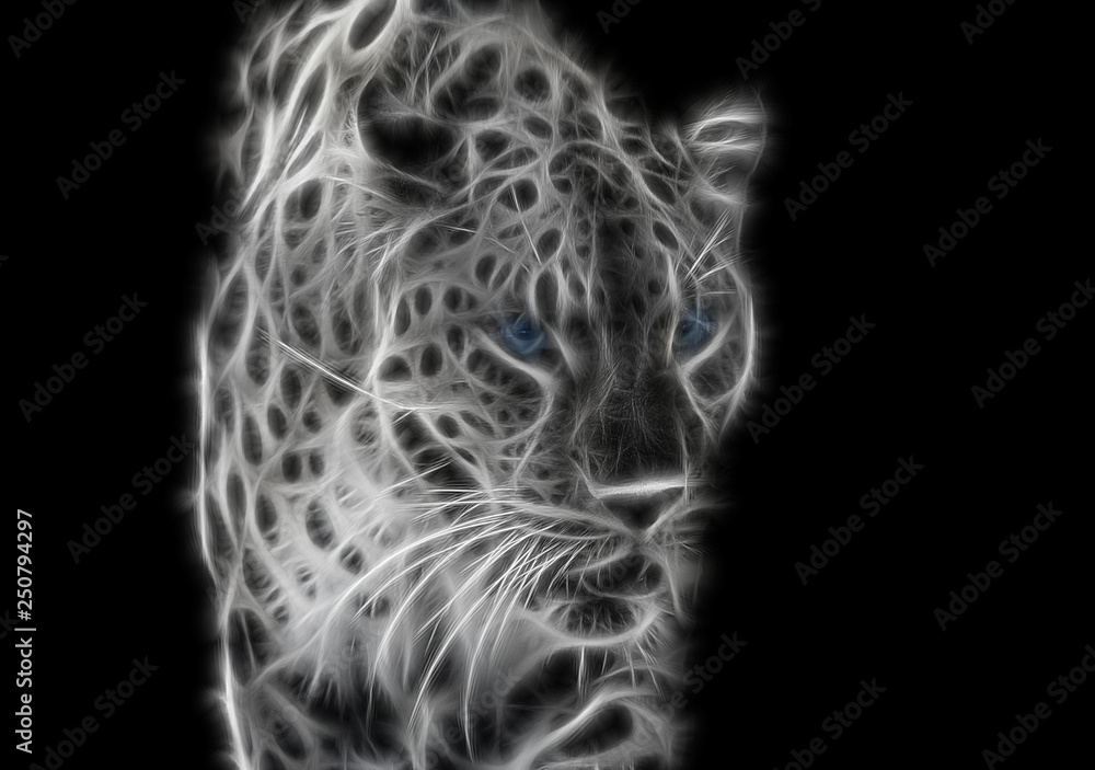 Black-white fractal wild leopard with blue eyes on a contrasting black background Black-white fractal wild leopard with blue eyes on a contrasting black background