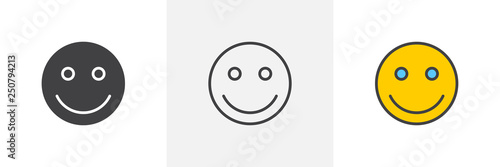 Smiling face emoticon icon. Line, glyph and filled outline colorful version, Happy Emoji smiley outline and filled vector sign. Symbol, logo illustration. Different style icons set. Pixel perfect 