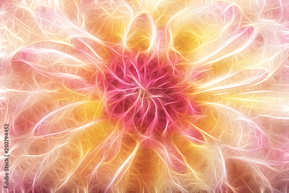 Fractal image of a summer terry dahlia on a contrasting black background Fractal image of a summer terry dahlia on a contrasting black background