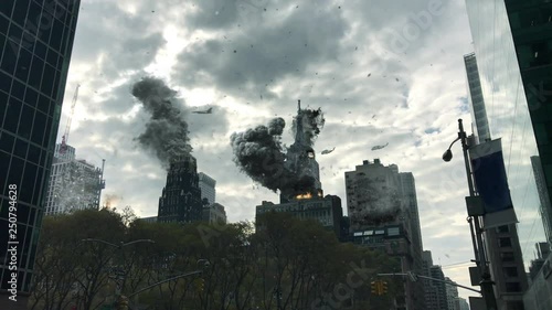 New York under Attack in war illustration Powerful Video Compisting simulates Real footage with visual effects elements of New York Empire state building and manhattan under attack with smoke jets hel photo