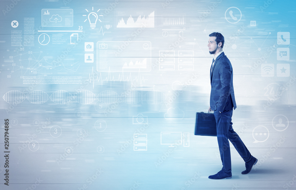 Handsome businessman walking in suit with briefcase on his hand and database concept around
Handsome businessman walking in suit with briefcase on his hand and database concept around