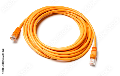 Isolated orange patch cord internet cable on white background