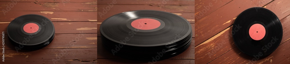 vinyl record on old red wooden background. Copy space for your label vinyl record on old red wooden background. Copy space for your label