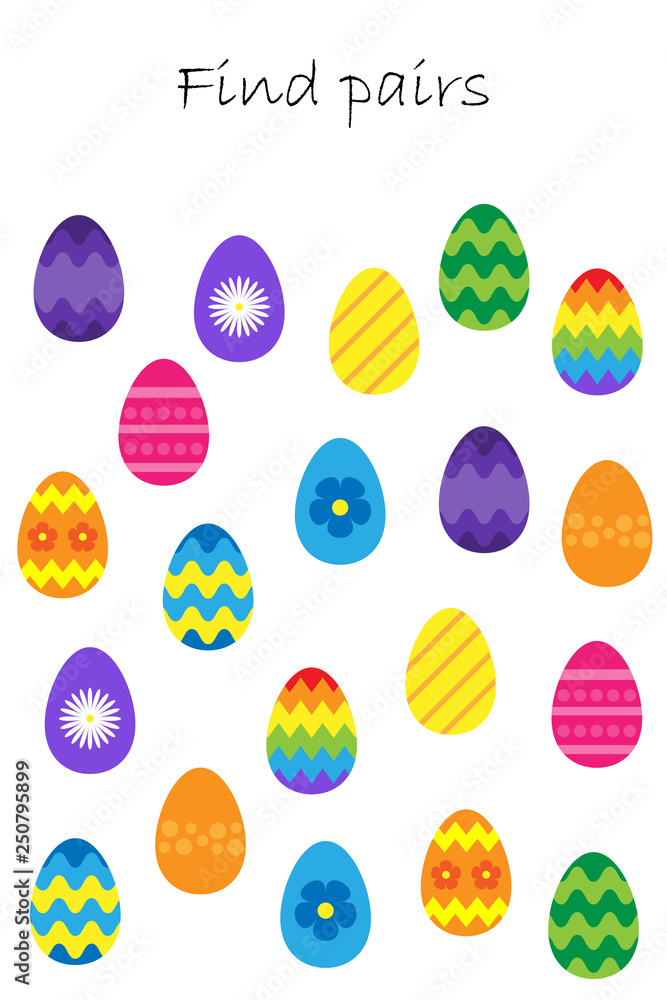 Find pairs of identical pictures, fun education game with easter eggs for children, preschool worksheet activity for kids, task for the development of logical thinking, vector illustration