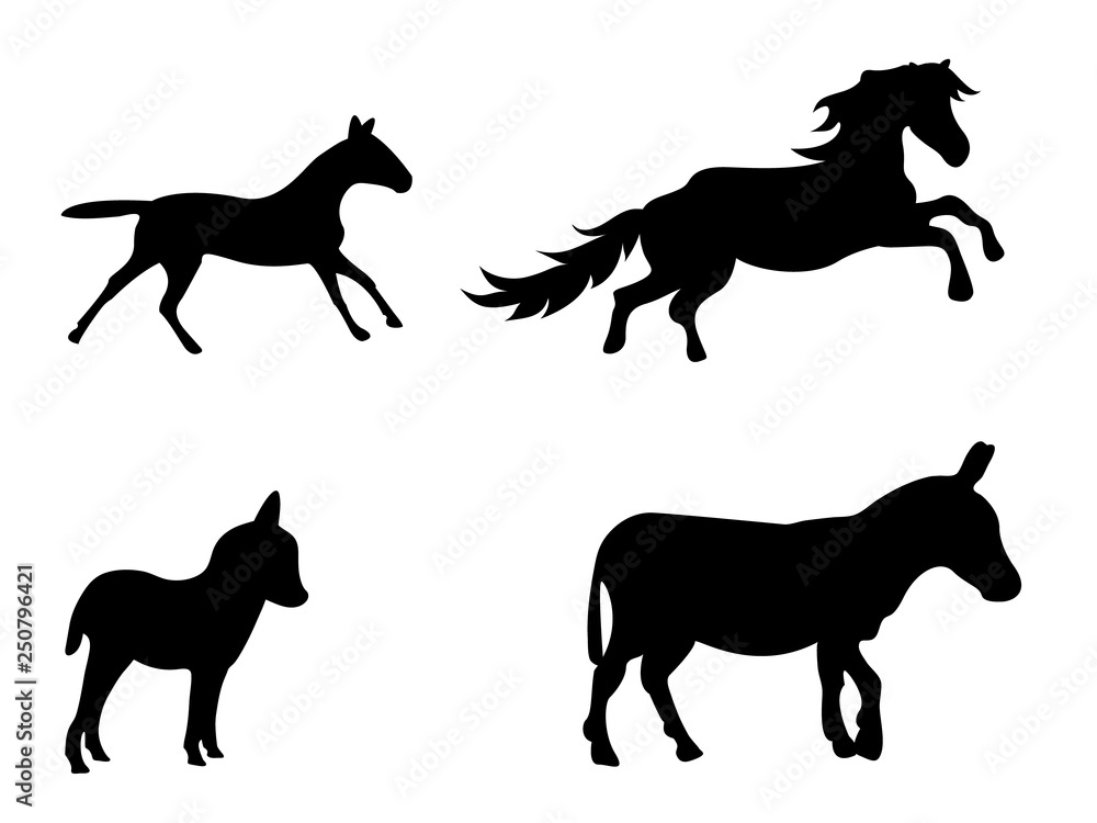 Vector set of silhouetted donkeys and horses