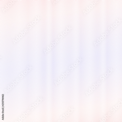 Squiggle thin lines. Colored guilloche. Blue, red gradient. Wavy subtle curves. Vector abstract striped background. Pattern for watermark, money, banknote, document, diploma, certificate secure. EPS10