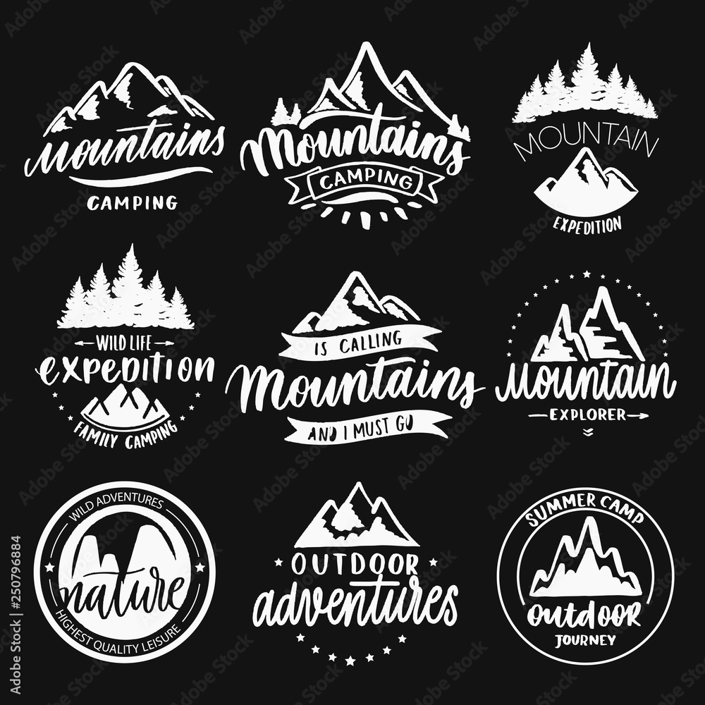 Set Of Vintage Hand Drawn Travel Logos. Hiking Labels Concepts. Mountain  Expedition Badge Designs. Travel Logos, Trekking Logotypes Collection.  Stock Vector Retro Patches Isolated On White Background Royalty Free SVG,  Cliparts, Vectors