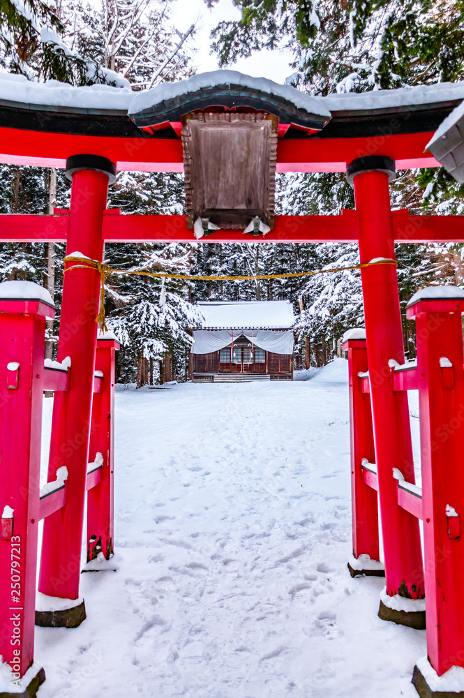 The entrance gate to the shrine in Nagano, Japan during the winter season The entrance gate to the shrine in Nagano, Japan during the winter season