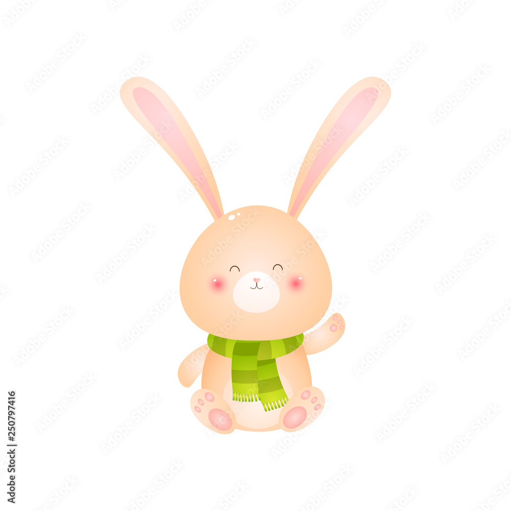 Obraz premium Cute smiling rabbit sitting in green scarf on his neck on white background
