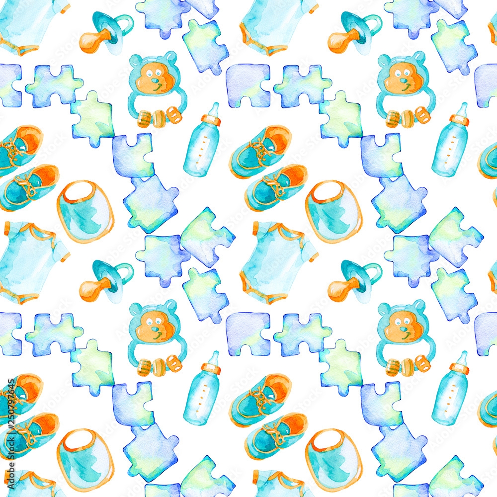 hand drawn watercolor seamless pattern on the children's theme