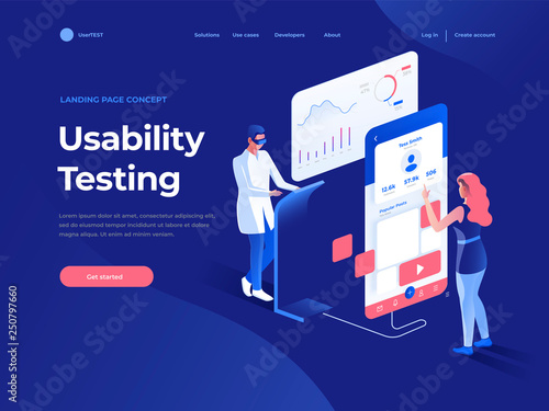 People testing the interface and usability of a mobile application on the dark blue background. 3D Isometric illustration. Landing page concept.