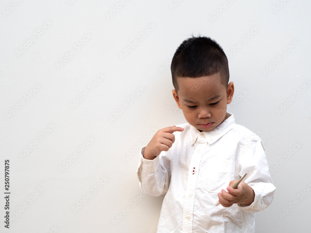 sick boy with thermometer in hand on white background sick boy with thermometer in hand on white background
