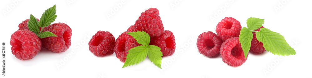 ripe raspberries with green leaf isolated on white background ripe raspberries with green leaf isolated on white background