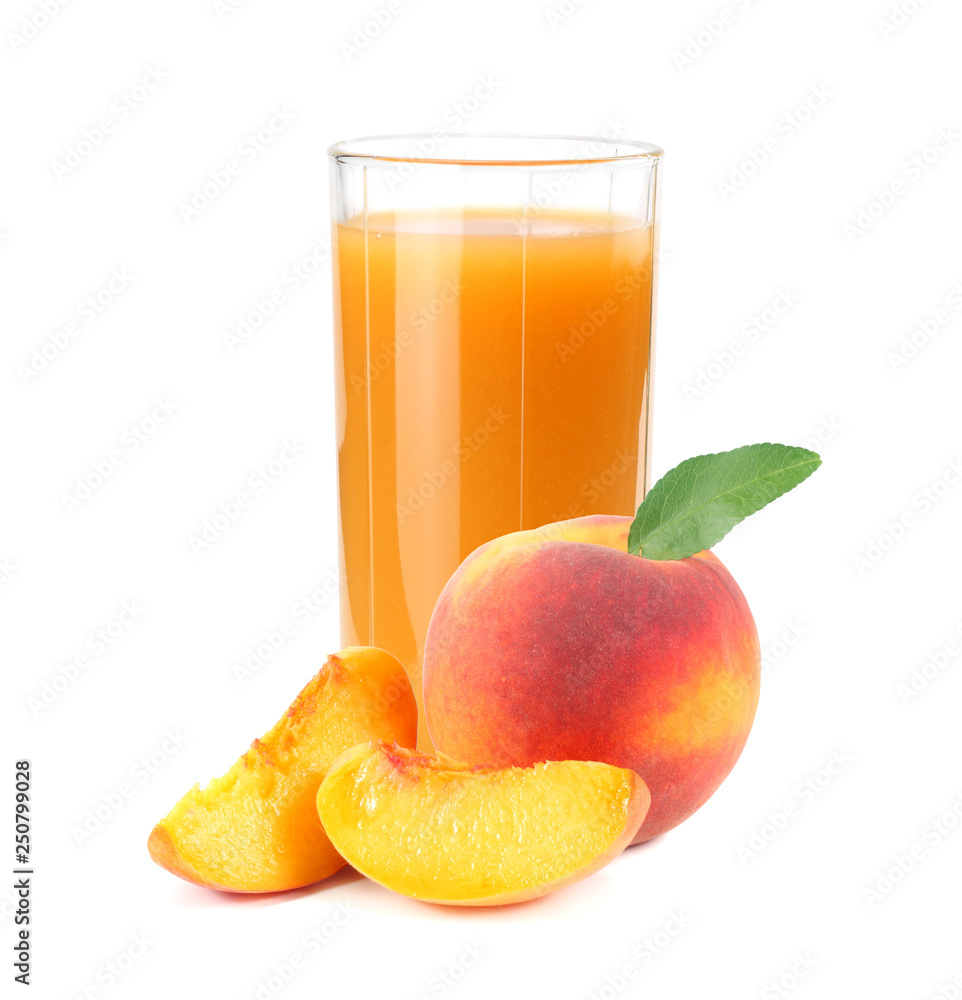 glass of peach juice with green leaf isolated on white background glass of peach juice with green leaf isolated on white background