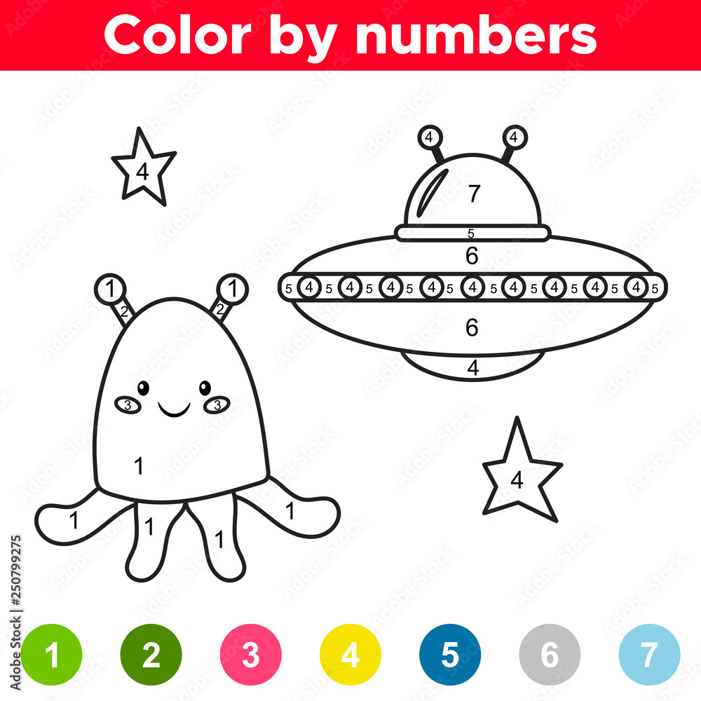 Color by number for preschool and school kids. Coloring page or book with  cute cartoon alien and UFO. Space theme. Vector illustration. Stock Vector