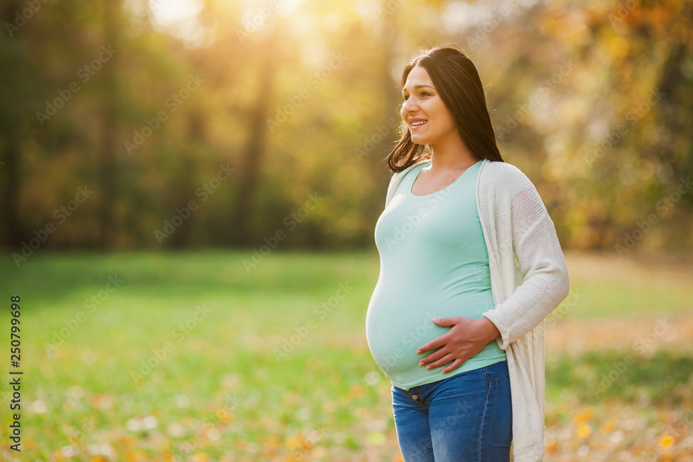 Happy pregnant woman relaxing in park. Happy pregnant woman relaxing in park.