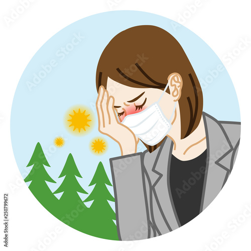 花粉症に苦しむマスクをつけたビジネスウーマン - 円形クリップアート