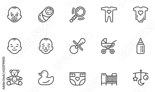Baby Vector Line Icons Set. Newborn, Child and Motherhood Accessories, Care of Children. Editable Stroke. 48x48 Pixel Perfect.