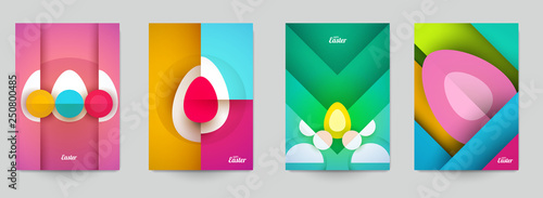 Happy easter concept. Set holiday background for cover, invitation, poster, banner, flyer, placard. Minimal template design for branding, advertising in geometric paper cut style. Vector illustration.