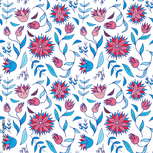 Seamless floral hand drawn pattern. Folk flowers background. Vector illustration.