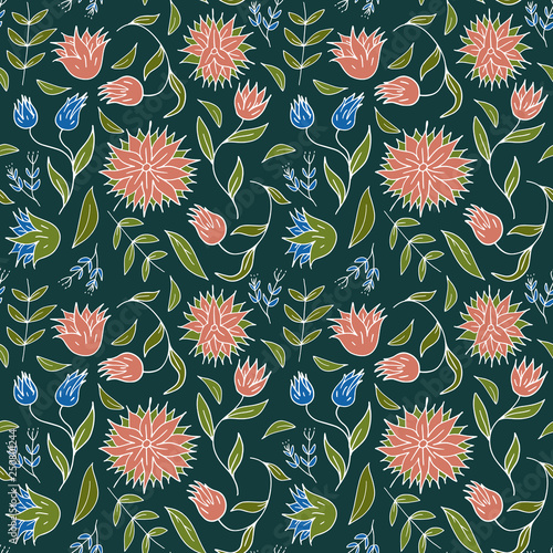 Seamless floral hand drawn pattern. Folk flowers background. Vector illustration.