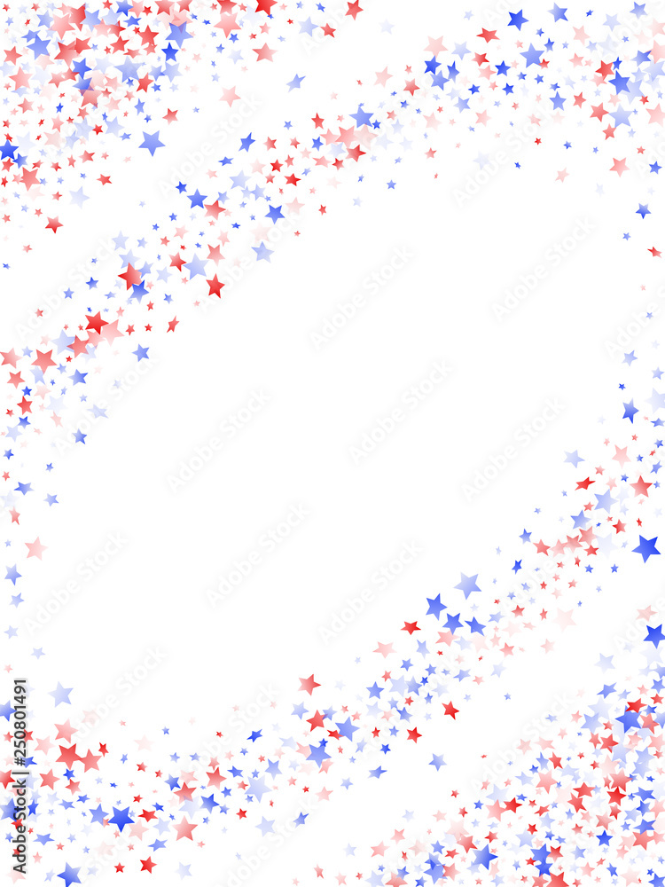 Flying red blue white star sparkles on white vector american patriotic background. Flying red blue white star sparkles on white vector american patriotic background.