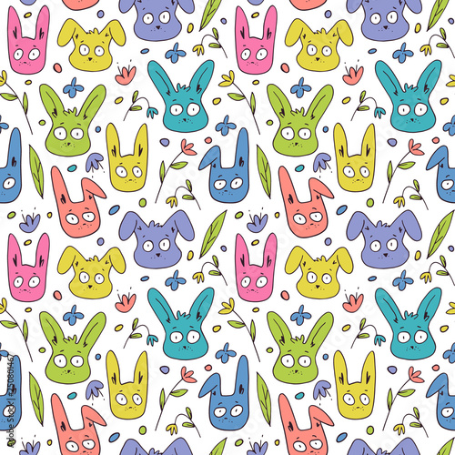 Hares Flat Hand Drawn Seamless Pattern. Rabbits and Flowers Colorful Vector Background