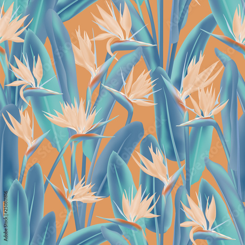 Tropical crane flower vector seamless pattern. Bohemian tropical plant fabric print design. South African plant tropical blossom of crane flower, strelitzia. Floral textile print.