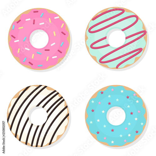 Donut vector set on a white background. Donuts set whis mint, creamy, pink and blue dlaze. Dounats colorful icon set. Donuts into the glaze coiiection.