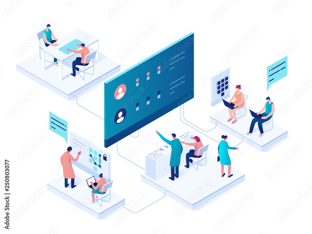 People interacting with charts and analyzing statistics. Data visualization concept. 3d isometric vector illustration. People interacting with charts and analyzing statistics. Data visualization concept. 3d isometric vector illustration.