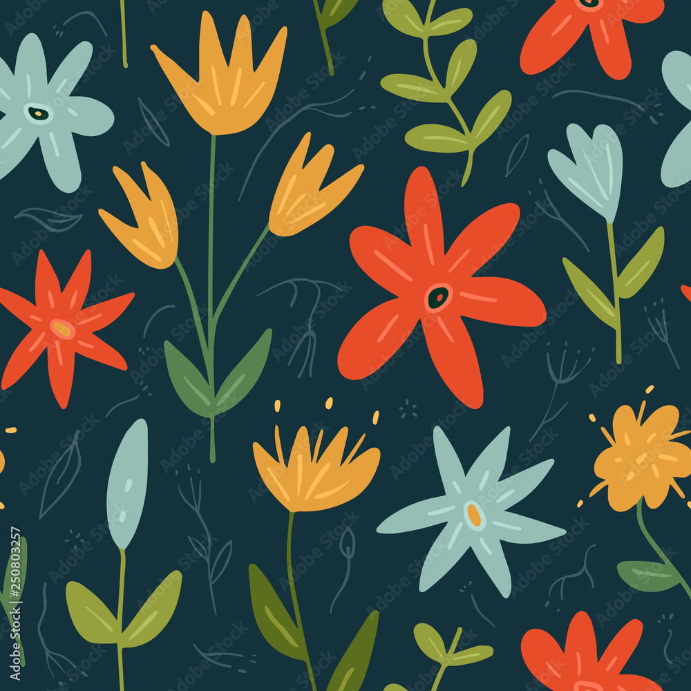 Seamless floral hand drawn pattern. Folk flowers background. Vector illustration.