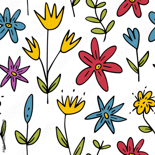 Seamless floral hand drawn pattern. Folk flowers background. Vector illustration.