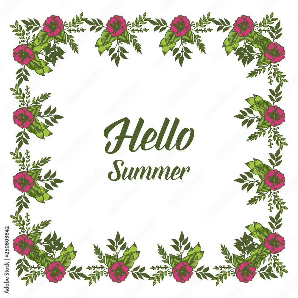 Vector illustration green leaves flower frame with greeting card hello summer hand drawn Vector illustration green leaves flower frame with greeting card hello summer hand drawn
