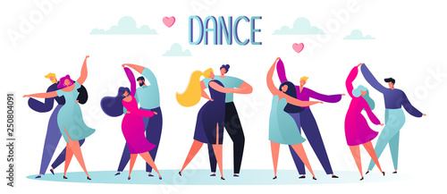 Vector illustration with flat happy dancing couples people. Dancer character male and female isolated on white background. Young men and women enjoying classical dance. Colorful vector illustration.