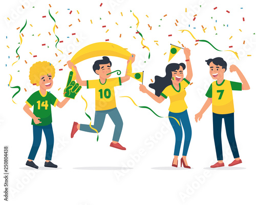 vector illustration Brazilian soccer/football fans celebrate victory/winning, football supporter happy celebrate win