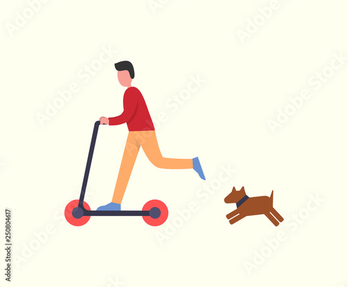 Man riding scooter pet dog following owner, running canine vector. Lifestyle of male, young male having fun with transport. Person balancing on board