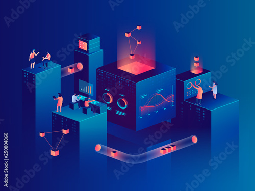 People interacting with charts and analyzing statistics. Data visualization concept. 3d isometric vector illustration.