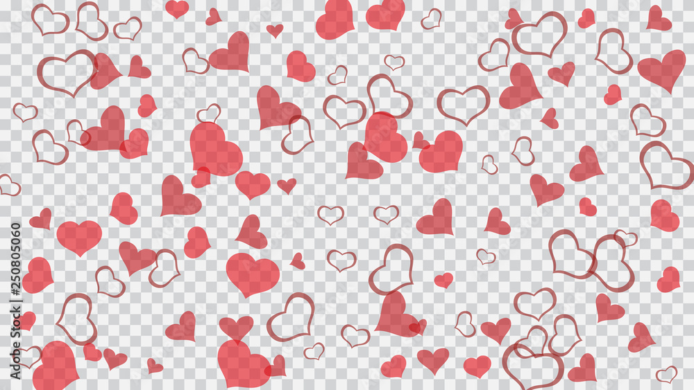 Stylish background. The idea of wallpaper design, textiles, packaging, printing, holiday invitation for birthday. Red hearts of confetti are flying. Red on Transparent fond Vector. Stylish background. The idea of wallpaper design, textiles, packaging, printing, holiday invitation for birthday. Red hearts of confetti are flying. Red on Transparent fond Vector.