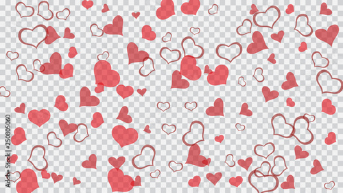 Stylish background. The idea of wallpaper design, textiles, packaging, printing, holiday invitation for birthday. Red hearts of confetti are flying. Red on Transparent fond Vector.