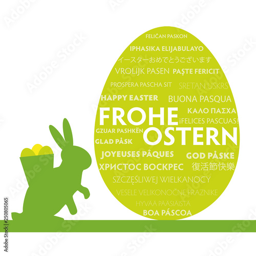 Ostergrüße "Frohe Ostern" mehrsprachig, Osterei und Osterhase