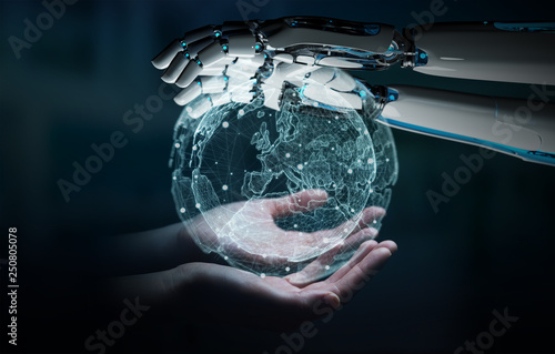 Fototapeta Naklejka Na Ścianę i Meble -  Robot hand and human hand touching digital world 3D rendering